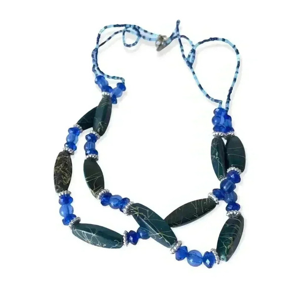 Blue Beaded Necklace Multi Strand Green Faceted 24" - Picture 1 of 8